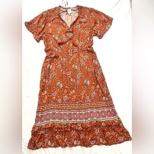 Knox Rose Rust Orange Floral Peasant Maxi Dress with Short Flutter Sleeves XXL